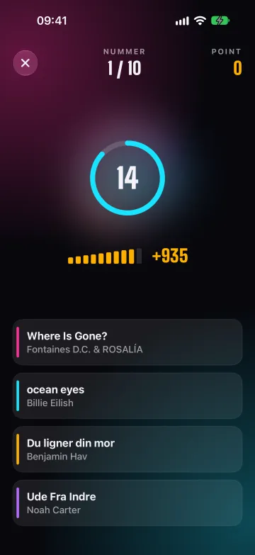 Tunequiz på iPhone: en sang spiller med 15-sekundersuret og fire svar