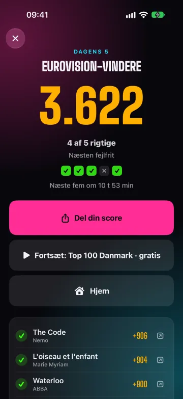 Resultatet med scoren og deleknappen