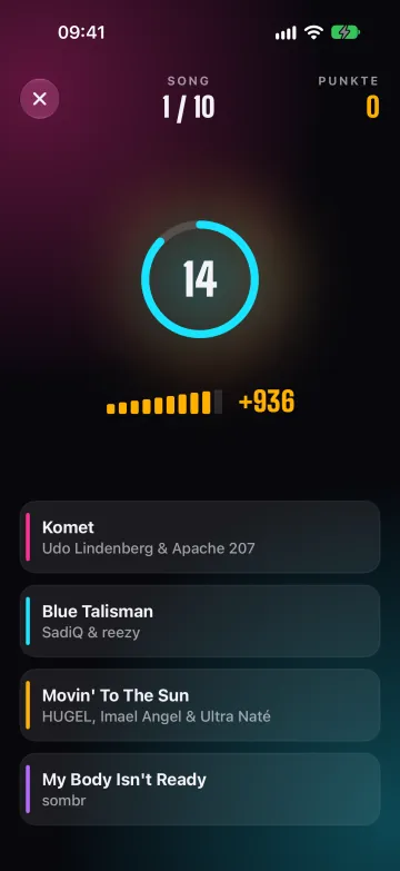 Tunequiz auf dem iPhone: ein Song läuft mit der 15-Sekunden-Uhr und vier Antworten