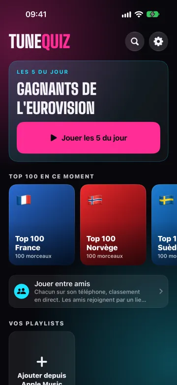 L'écran d'accueil avec les 5 du jour et les étagères de packs