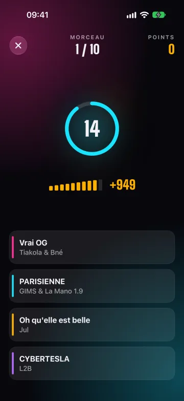 Tunequiz sur iPhone : une chanson joue avec le compte à rebours de 15 secondes et quatre réponses