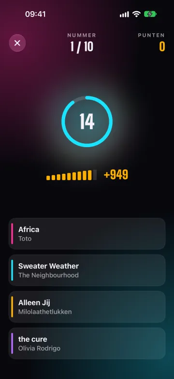 Tunequiz op iPhone: een nummer speelt met de klok van 15 seconden en vier antwoorden