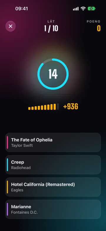 Tunequiz på iPhone: en låt spiller med 15-sekundersklokken og fire svar