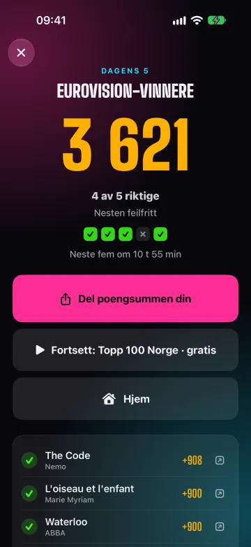 Resultatet med poengsummen og deleknappen
