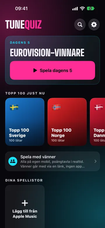 Startskärmen med Dagens 5 och hyllorna med paket