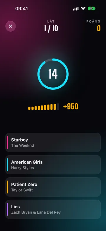 Tunequiz på iPhone: en låt spelas med 15-sekundersklockan och fyra svar